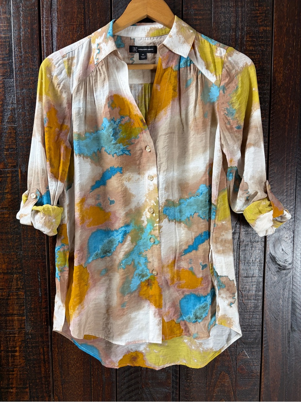 INC International Concepts Satin Watercolor Button-Down Shirt Petite